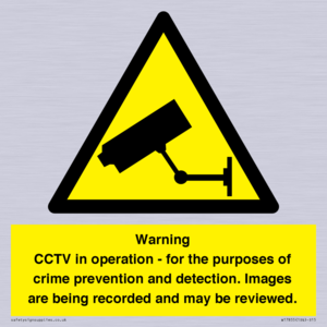 Warning CCTV in operation - for the purposes of crime prevention and detection. Images are being recorded and may be reviewed.